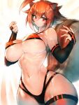  1girl ahoge animal_ears bangs bare_shoulders blazblue breasts bridal_gauntlets brown_hair clenched_hand closed_mouth covered_nipples fumio_(rsqkr) highres large_breasts lips looking_at_viewer makoto_nanaya multicolored_hair navel red_eyes shiny shiny_hair shiny_skin short_hair simple_background solo squirrel_ears squirrel_tail stomach tail thighs two-tone_hair underboob white_hair 