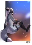  2022 4_toes 5_fingers anthro black_nose canid canine clothed clothing digital_media_(artwork) feet female fingers fur grey_body grey_fur hair hi_res lesspie mammal solo toes white_hair 