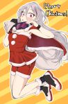  1girl :o alternate_costume bag bangs black_gloves blush boots breasts christmas eyebrows_visible_through_hair eyewear_around_neck fingernails full_body girls&#039;_frontline gloves grey_hair highres holding holding_bag kuzumotsu long_hair looking_at_viewer merry_christmas open_mouth purple_eyes safety_glasses santa_costume single_glove solo t-cms_(girls&#039;_frontline) 