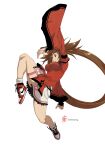  1girl absurdres bare_shoulders breasts brown_eyes brown_hair china_dress chinese_clothes detached_sleeves dress grin guilty_gear guilty_gear_xrd hair_ornament highres impossible_clothes irene_koh kuradoberi_jam large_breasts leg_up long_hair midair nike open_mouth shoes smile sneakers solo thigh_strap very_long_hair white_background wide_sleeves 