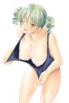  blush breasts cum cum_on_body cum_on_breasts cum_on_upper_body drill_hair facial green_hair hands large_breasts maki_aida_factor nipples one-piece_swimsuit one_eye_closed original pink_eyes pulled_by_self school_swimsuit solo swimsuit swimsuit_pull 