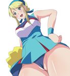  blonde_hair blue_eyes cameltoe cheerleader from_below heroman labia lina_davis open_mouth perspective pom_poms pussy solo toku_(tokuhp) twintails upskirt wedgie 