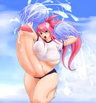  artist_request cheerleader chubby cum cumming ejaculation fat futanari green_eyes huge_breasts huge_penis long_hair open_mouth outdoors pink_hair pony_tail ponytail smile 