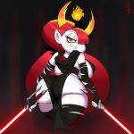  big_breasts big_butt breasts butt disney female hair hair_over_eye hekapoo hi_res holding_object holding_weapon horn horned_humanoid humanoid lightsaber looking_at_viewer looking_back looking_back_at_viewer melee_weapon not_furry one_eye_obstructed red_hair star_vs._the_forces_of_evil star_wars thick_thighs underground_(artist) weapon white_body 