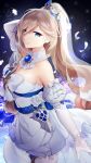  1girl absurdres bangs bianka_durandal_ataegina bianka_durandal_ataegina_(dea_anchora) blonde_hair blue_eyes breasts bridal_veil cleavage dress elbow_gloves flower gloves grin hair_flower hair_ornament highres honkai_(series) honkai_impact_3rd long_hair looking_at_viewer petals ponytail rose shiki_(shiki1230) smile solo strapless strapless_dress teeth veil wedding_dress white_dress white_flower white_gloves white_rose 