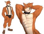  2022 abs anthro belly brown_body brown_fur brown_hair bulge canid canine canis clothing domestic_dog footwear fur hair half-length_portrait hands_behind_head hi_res jrjresq looking_at_viewer male mammal mostly_nude muscular navel necktie nipples portrait sherlock_hound sherlock_hound_(series) shoes simple_background sketch_page socks solo suspenders tan_body tan_fur underwear white_background 
