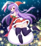  1girl animal_ears ass bad_id bad_pixiv_id bangs banned_artist blush bow breasts elbow_gloves eyebrows_visible_through_hair from_behind gloves hat kisaragi_zwei large_breasts light_purple_hair long_hair looking_at_viewer looking_back panties purple_hair rabbit_ears rabbit_tail red_eyes reisen_udongein_inaba sack santa_costume santa_dress santa_gloves santa_hat sideboob skindentation solo striped striped_panties tail thighhighs touhou underwear very_long_hair 