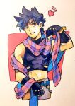  1boy battle_tendency black_eyes black_hair blue_eyes blue_hair blue_scarf crop_top fingerless_gloves gloves hamadaichi jojo_no_kimyou_na_bouken joseph_joestar joseph_joestar_(young) male_focus marker_(medium) midriff multicolored_clothes multicolored_scarf pink_scarf purple_scarf scarf solo striped striped_scarf traditional_media vertical-striped_scarf vertical_stripes 