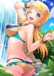  1girl absurdres ahoge ass bikini blonde_hair blue_eyes blue_sky cloud commentary_request d-n day dutch_angle from_behind hachimiya_meguru highres idolmaster idolmaster_shiny_colors layered_bikini long_hair looking_at_viewer low_twintails multicolored_bikini multicolored_clothes outdoors sky smile solo swimsuit twintails water waterfall 