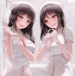  2girls absurdres artist_name blush breasts brown_eyes brown_hair chowbie cleavage collarbone commentary english_commentary gloves hat highres large_breasts looking_at_viewer medium_hair multiple_girls navel nurse nurse_cap open_mouth original parted_lips putting_on_gloves short_sleeves tile_wall tiles white_gloves white_theme 