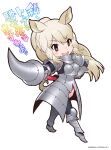  1girl animal_ears armor black_eyes breasts gloves kemono_friends lance long_hair looking_at_viewer open_mouth polearm simple_background skirt smile solo tail weapon white_background white_hair white_rhinoceros_(kemono_friends) yoshizaki_mine 