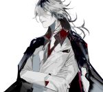  1boy black_hair choker closed_mouth dodo_o_u formal grey_background grey_eyes grey_hair handkerchief highres jacket jacket_on_shoulders long_hair male_focus multicolored_hair nijisanji nijisanji_en red_choker simple_background solo suit virtual_youtuber vox_akuma white_suit 