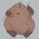  2022 anthro bedroom_eyes belly bodily_fluids hi_res looking_at_viewer male mammal minedoo minedoo_(character) moobs morbidly_obese narrowed_eyes navel nipples nude obese obese_male open_mouth overweight overweight_male seductive simple_background solo speech_bubble sweat ursid 