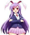  1girl animal_ears bad_id bad_pixiv_id bangs banned_artist between_breasts blazer blouse blush breasts buttons collared_blouse crescent crescent_pin eyebrows_visible_through_hair jacket kisaragi_zwei large_breasts light_purple_hair long_hair long_sleeves looking_at_viewer medium_skirt necktie necktie_between_breasts pink_skirt pleated_skirt purple_hair rabbit_ears red_eyes red_necktie red_neckwear reisen_udongein_inaba skirt solo thighs touhou very_long_hair white_blouse 