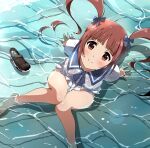  1girl absurdres bangs blunt_bangs brown_eyes brown_hair commentary_request from_above hair_ribbon highres idolmaster idolmaster_million_live! loafers long_hair looking_at_viewer looking_up matsuda_arisa neck_ribbon ribbon sailor_collar see-through shoes shoes_removed solo tokiani twintails wet wet_clothes 
