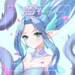  artist_name bangs bare_shoulders blurry blurry_background blush breasts cleavage crystal_rose_janna detached_sleeves flower green_eyes green_hair hair_flower hair_ornament hair_up highres janna_(league_of_legends) kanro_(1164745862) league_of_legends long_hair medium_breasts parted_bangs pointy_ears shiny shiny_hair smile white_background 