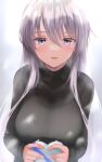  1girl azur_lane bangs black_sweater blush breasts candy character_name chocolate enterprise_(azur_lane) eyebrows_visible_through_hair food hair_between_eyes heart heart-shaped_chocolate highres large_breasts long_hair long_sleeves looking_at_viewer open_mouth purple_eyes sano_sho silver_hair simple_background sleeves_past_wrists solo sweater turtleneck turtleneck_sweater upper_body valentine 