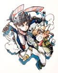  2boys battle_tendency black_hair blonde_hair blue_eyes blue_scarf bola_(weapon) bubble caesar_anthonio_zeppeli chibi dust_cloud facial_mark feather_hair_ornament feathers fingerless_gloves gloves green_eyes green_jacket hair_ornament hamadaichi headband hydrokinesis jacket jojo_no_kimyou_na_bouken joseph_joestar joseph_joestar_(young) male_focus marker_(medium) multicolored_clothes multicolored_scarf multiple_boys pink_scarf pouty_lips scarf striped striped_scarf traditional_media triangle_print water 