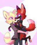  2022 4_fingers 4_toes anthro aseethe breasts canid canine clothed clothing digital_media_(artwork) duo eyebrows eyelashes feet female fingers fox fur green_eyes hi_res mammal pink_body pink_fur smile toes yellow_body yellow_fur 