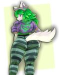  absurd_res anthro bedroom_eyes big_butt butt canid canine clothing female fox fur green_hair hair hand_on_butt hand_on_hip headphones hi_res huge_butt jacket jaynatorburudragon looking_at_viewer looking_back mammal narrowed_eyes paladins pink_nose purple_eyes salt_(paladins) seductive signature simple_background smile solo standing thick_thighs tight_clothing topwear white_body white_fur 
