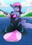  2022 5_fingers ambris anthro bmlue_eyes breasts clothed clothing day detailed_background digital_media_(artwork) female fin fingers fish hair hi_res looking_at_viewer marine non-mammal_breasts outside purple_hair shark sky smile 