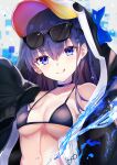  1girl animal_hood bangs bare_shoulders bikini black_bikini black_jacket blue_bow blue_eyes blush bow breasts choker collarbone eyewear_on_head fate/grand_order fate_(series) fukiya_(fumiakitoyama) highres hood hood_up jacket licking_lips long_hair long_sleeves looking_at_viewer medium_breasts meltryllis_(fate) meltryllis_(swimsuit_lancer)_(fate) penguin_hood purple_hair sleeves_past_fingers sleeves_past_wrists smile solo sunglasses swimsuit tongue tongue_out very_long_hair water 