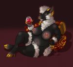  abigail_(meat_sweat) alcohol anthro bedroom_eyes beverage big_breasts bovid breasts caprine chubby_anthro chubby_female container cup curled_horns drinking_glass ear_piercing ear_ring facial_piercing female fur glass glass_container glass_cup gold_(metal) gold_jewelry half-closed_eyes hooves huge_breasts jewelry mammal meat_sweats narrowed_eyes nipple_piercing nipples nose_piercing nose_ring piercing red_background seductive sheep simple_background slightly_chubby smile smirk smug smug_face smug_grin solo thick_thighs wide_hips wine wine_glass wool_(fur) 