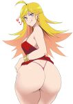  1girl absurdres ahoge ass bangle bangs bracelet breasts clothes_lift commentary cowboy_shot dimples_of_venus dress dress_lift earrings eyebrows_visible_through_hair from_behind heart highres hoop_earrings jewelry licking_lips long_hair looking_at_viewer minakami_(flyingman555) panties panty_&amp;_stocking_with_garterbelt panty_(psg) pink_panties red_dress shiny shiny_hair simple_background sleeveless sleeveless_dress solo thick_thighs thighs thong tongue tongue_out twisted_torso underwear v-shaped_eyebrows 