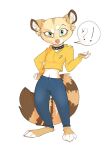  2022 ?! anthro barefoot bottomwear brown_body brown_fur clothed clothing digital_media_(artwork) feet female fully_clothed fur hi_res inner_ear_fluff looking_at_viewer mammal midriff pants procyonid raccoon simple_background solo standing tuft white_background white_body white_fur yellow_body yellow_fur yshanii 