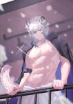  1boy abs absurdres animal_ear_fluff animal_ears arknights armband blurry blurry_background cape chinese_commentary closed_mouth collarbone cowboy_shot grey_eyes hair_between_eyes highres looking_at_viewer male_focus medium_hair muscular muscular_male on_shoulder pants railing shaded_face signature silver_hair silverash_(arknights) smile solo sparkle tail topless_male white_pants xiuxiu 