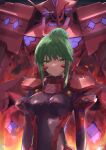  1girl arms_at_sides bangs blue_eyes bodysuit breasts closed_mouth commentary_request eye_trail eyebrows_visible_through_hair fire fortified_suit frown glowing glowing_eye green_eyes green_hair hair_bun head_tilt highres ito_t20a looking_at_viewer mecha medium_breasts muvluv muvluv_alternative muvluv_alternative_(anime) pilot_suit red_bodysuit science_fiction shiny shiny_clothes sidelocks skin_tight tactical_surface_fighter takemikazuchi_(muvluv) tsukuyomi_mana tsurime upper_body v-shaped_eyebrows 