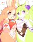  2girls :3 animal_ears asymmetrical_docking blonde_hair blush bow breast_press breasts character_request cleavage closed_mouth clothing_cutout commentary_request copyright_request eyebrows_visible_through_hair fang fat foreshortening furry furry_female green_hair hair_ornament hairband heads_together heart highres large_breasts leotard long_hair looking_at_viewer lying mons_pubis multiple_girls on_back open_mouth purple_bow purple_eyes simple_background smile sparkling_eyes star-shaped_pupils star_(symbol) symbol-shaped_pupils thighs underboob wkar 