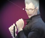  1boy bespectacled dress_shirt eyelashes flattop formal glasses grey_eyes grey_hair holding_necktie jean_pierre_polnareff jojo_no_kimyou_na_bouken kobayashi_(oksk0x0) male_focus necktie shirt solo stardust_crusaders upper_body 