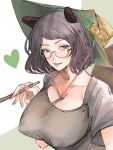  1girl animal_ears bangs breasts bright_pupils brown_eyes brown_hair cleavage collarbone eyebrows_visible_through_hair futatsuiwa_mamizou gburi814 glasses hand_up heart holding holding_pipe kiseru large_breasts light_smile looking_at_viewer nail_polish parted_lips pipe raccoon_ears raccoon_tail red_nails semi-rimless_eyewear short_hair short_sleeves simple_background sketch solo swept_bangs tail touhou upper_body white_background white_pupils 