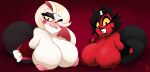  big_breasts black_hair breasts charlie_(hazbin_hotel) demon demon_humanoid duo female hair hair_over_eye hazbin_hotel helluva_boss hi_res huge_breasts humanoid millie_(helluva_boss) nipples not_furry one_eye_obstructed red_body red_skin underground_(artist) 