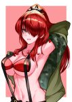  1girl absurdres arm_up armpits bangs bare_shoulders black_hair breasts commentary_request green_jacket grey_eyes grin hair_over_one_eye highres jacket kurosaki_saya lain_paterson large_breasts long_hair looking_at_viewer multicolored_hair navel nijisanji off_shoulder open_clothes open_jacket pasties red_hair smile solo stomach streaked_hair suspenders upper_body 