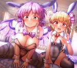  2girls :d alternate_costume animal_ears arm_support bangs bare_shoulders bird_ears bird_wings black_legwear black_leotard blonde_hair blurry blurry_background breasts cleavage closed_mouth day depth_of_field detached_collar dutch_angle earrings eyebrows_visible_through_hair fake_animal_ears feathered_wings frilled_shirt_collar frills hand_up highres indoors jewelry large_breasts leaning_forward leotard looking_at_viewer maid_headdress multiple_girls mystia_lorelei neck_bobbles no_hat no_headwear on_bed pink_eyes pink_hair playboy_bunny rabbit_ears railing rumia single_earring sitting small_breasts smile strapless strapless_leotard teeth thighhighs tongue touhou upper_teeth v v_arms wariza wings wrist_cuffs yoriyuki_chiyo 
