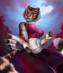  2022 anthro bottomwear breasts claws clothing dreamworks eyelashes fangs felid female fur hi_res kung_fu_panda looking_at_viewer mammal master_tigress midriff navel navel_piercing neck_tuft orange_body orange_fur pantherine pants piercing red_eyes shoulder_tuft skofer_(artist) solo striped_body striped_fur stripes tiger topwear tuft white_body white_fur yellow_sclera 