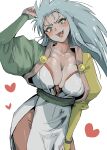  1girl bangs blue_hair breasts cleavage earrings fangs heart highres jewelry large_breasts long_hair looking_at_viewer mattai_(38myyyy) open_mouth pointy_ears ryouko_(tenchi_muyou!) side_slit simple_background solo spiked_hair tenchi_muyou! white_background yellow_eyes 
