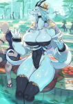  anthro big_breasts blue_body blue_scales breasts cleavage clothed clothing dragon female larger_female legwear male rikose scales scalie sitting size_difference smaller_male thigh_highs water wide_hips 