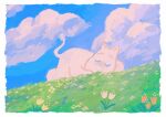  blue_sky border closed_eyes cloud cloudy_sky day derivative_work english_commentary facing_viewer film_grain flower full_body grass iradraws lying moomin moomintroll muted_color nature no_humans no_lineart on_grass on_ground on_stomach red_flower scenery screencap_redraw sky sleeping solo u_u white_border white_flower yellow_flower 