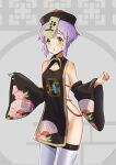  bare_shoulders black_dress blush detached_sleeves dress eyebrows groin hakubaru hat hay idolmaster idolmaster_million_live! jiangshi looking_at_viewer makabe_mizuki no_bra no_panties ofuda ofuda_on_head print_dress purple_hair qing_guanmao short_hair simple_background solo thighhighs thighs white_legwear yellow_eyes 