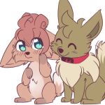  blue_eyes blush blush_lines canid canine chest_tuft collar duo ears_down eevee feral fiddleafox fox hajime_(fiddleafox) hand_on_cheek low_res male mammal nintendo pivoted_ears pok&eacute;mon pok&eacute;mon_(species) simple_background smile tail_motion tailwag tuft video_games vulpix young 
