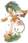  1girl animal_ears animal_hands animal_print boomerang breasts cat_ears cham_cham full_body gloves green_eyes green_hair highres long_hair looking_at_viewer murata_tefu open_mouth paw_gloves paw_shoes samurai_spirits smile solo tail tiger_print 