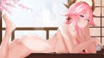  1girl absurdres animal_ears ass bangs barefoot blush breasts feet fox_ears genshin_impact hair_ornament highres large_breasts long_hair looking_at_viewer musicatopos pink_hair purple_eyes sidelocks smile solo thighs very_long_hair yae_miko 