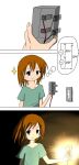  1girl bangs brown_hair electric_socket electricity failure highres original power_cord shirt short_hair simple_background sparks tamagosan32768 you&#039;re_doing_it_wrong 