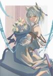  1girl animal_ear_fluff animal_ears arknights bangs bare_shoulders blunt_bangs bouquet cat_ears closed_mouth coat flower from_side green_eyes hair_intakes highres holding holding_bouquet kal&#039;tsit_(arknights) long_sleeves looking_at_viewer looking_to_the_side off_shoulder open_clothes open_coat rinne0611 see-through short_hair silver_hair smile solo white_coat white_flower 