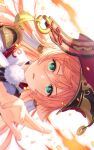  1girl akatsuki_(4941086) antlers bangs blurry blurry_foreground coin_hair_ornament depth_of_field genshin_impact green_eyes hair_between_eyes highres looking_at_viewer open_mouth pink_hair red_headwear rotated solo yanfei_(genshin_impact) 