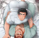 2boys ass bandaid bandaid_on_nose bara bed blush brown_hair chabashira_tatsukichi cover cover_page doujin_cover from_above hospital_bed hospital_gown large_pectorals looking_at_viewer lying lying_on_person male_focus mature_male multiple_boys muscular muscular_male nurse on_back on_bed original pectoral_cleavage pectorals short_hair sideburns smile thick_eyebrows thick_thighs thigh_straddling thighs tight yaoi 