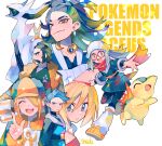  3boys 3girls :d adaman_(pokemon) akari_(pokemon) arceus bangs bespectacled black_legwear black_shirt blonde_hair blue_hair bright_pupils closed_mouth commentary_request copyright_name cyllene_(pokemon) cyndaquil eyelashes facial_hair fur_trim glasses green_hair grey_hair grey_jacket grey_skirt hair_between_eyes hand_up hat head_scarf highres irida_(pokemon) jacket japanese_clothes kamado_(pokemon) kimono long_hair loose_socks multicolored_hair multiple_boys multiple_girls mustache open_mouth orange_eyes orange_headwear pantyhose pokemon pokemon_(game) pokemon_legends:_arceus ponytail red-framed_eyewear round_eyewear shirt shoes short_hair sidelocks signature skirt smile spread_fingers teeth tongue upper_teeth volo_(pokemon) white_background white_headwear white_legwear white_pupils yasubaru yellow_footwear 